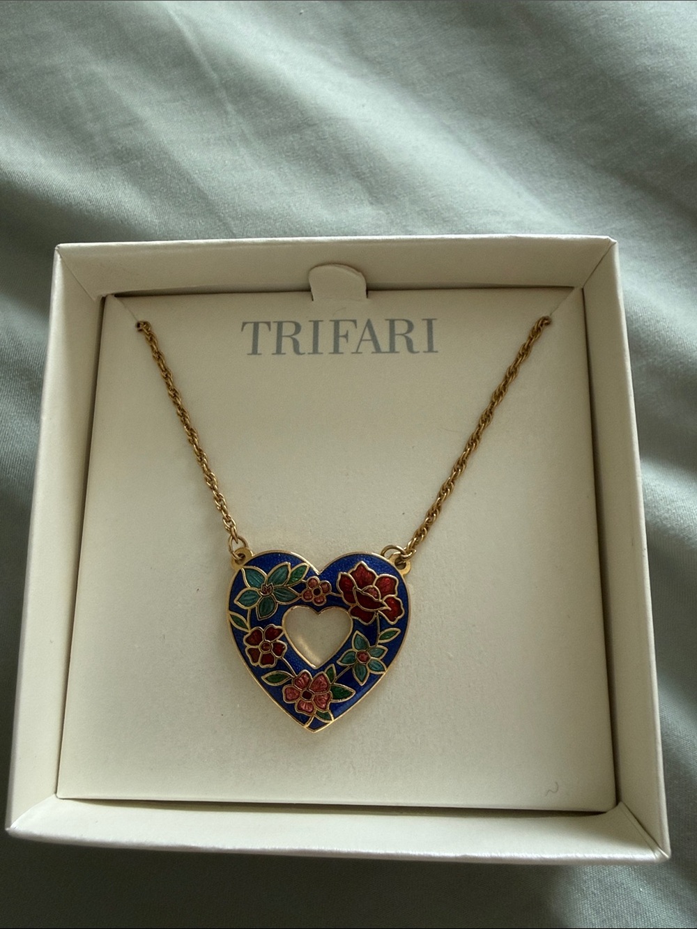Trifari Gold-Tone Heart Pendant Necklace with Blue, Red & Green Enamel